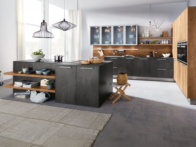 föger Einbauküche Spachtelbeton graphit / Alteiche natur 76573